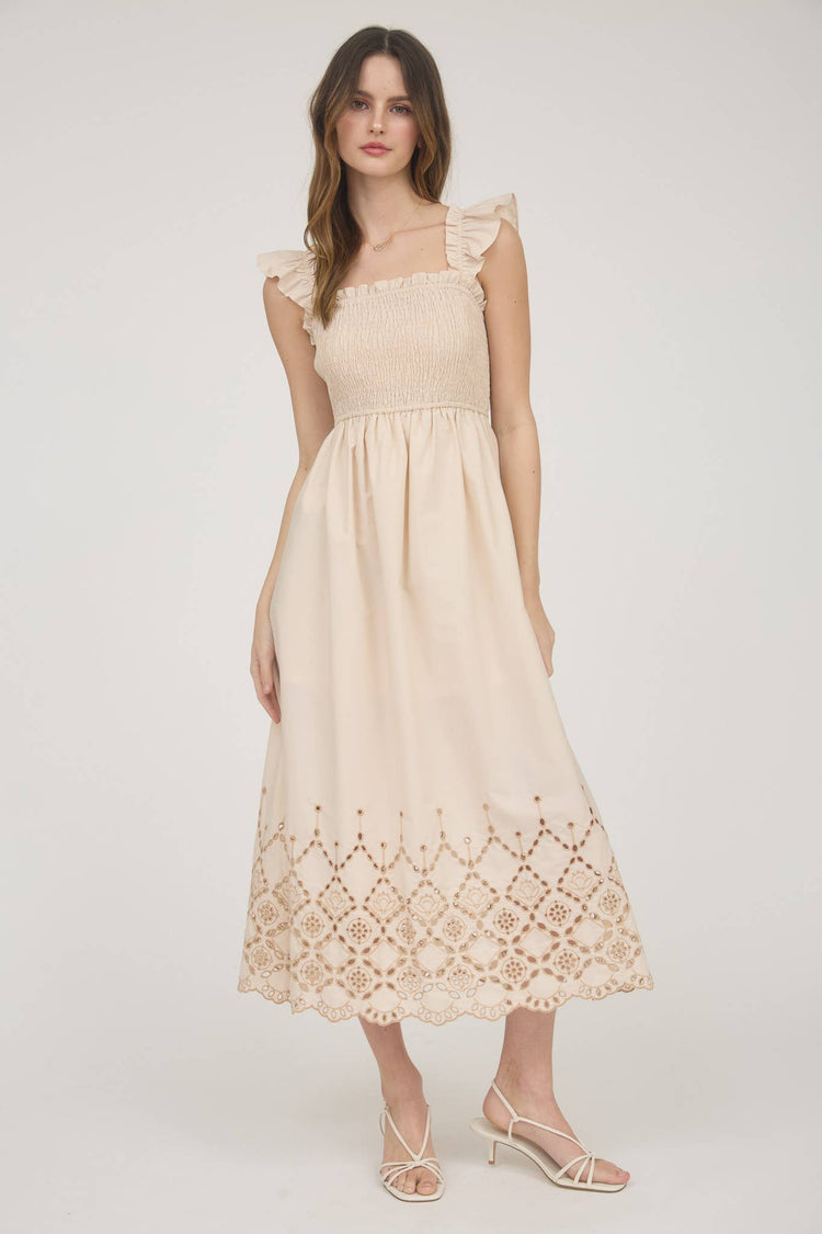 SMOCKED RUFFLE SLEEVE EYELET HEM MIDI DRESS
