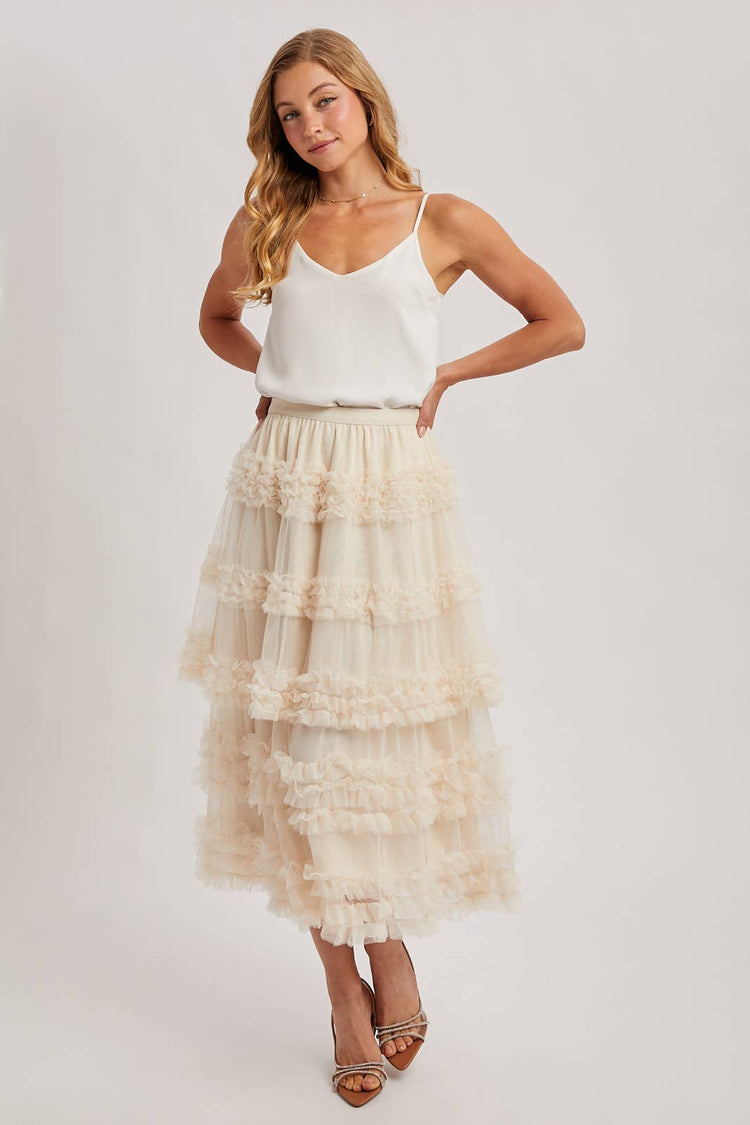 ROMANTIC RUFFLE TIERED TULLE MIDI SKIRT
