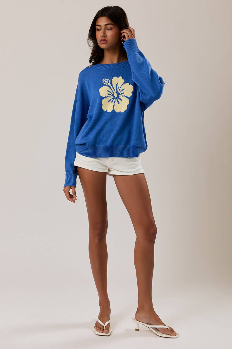 LONG SLEEVE CREW NECK HIBISCUS GRAPHIC SWEATER