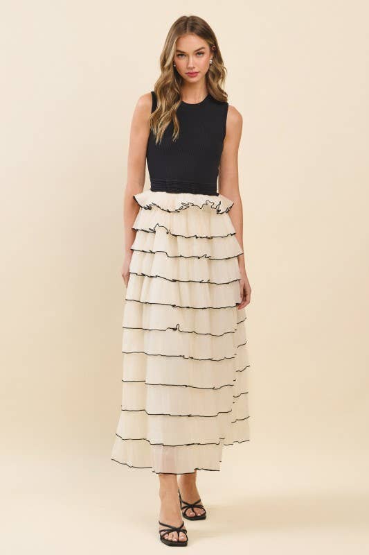 Ribbed Knit Bodice Tiered Mesh Skirt Maxi Dress
