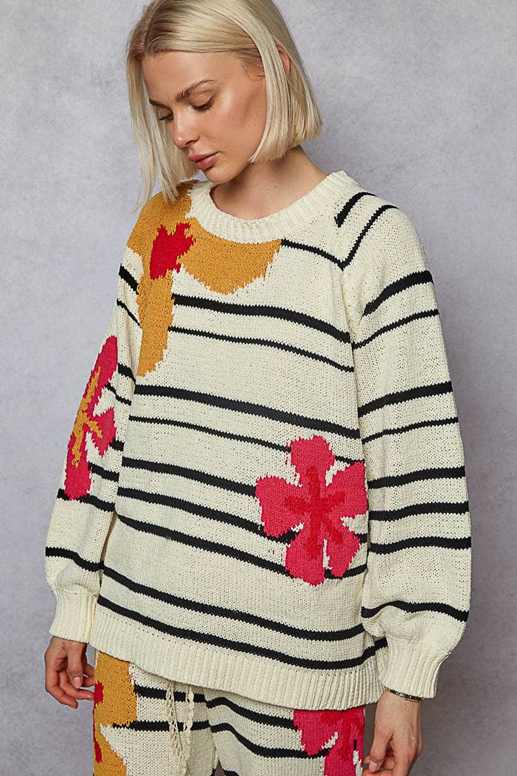 Round neck floral pattern striped chenille sweater top