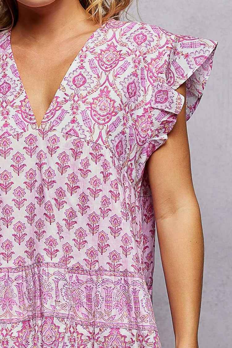 V-Neck Floral Pattern Ruffle Sleeve Top