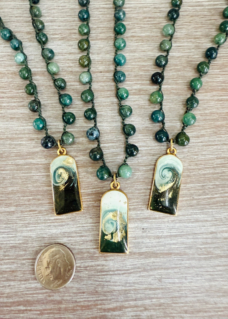 Green Wave Handmade Pendant And Crocheted Strand of Aventurine Stones