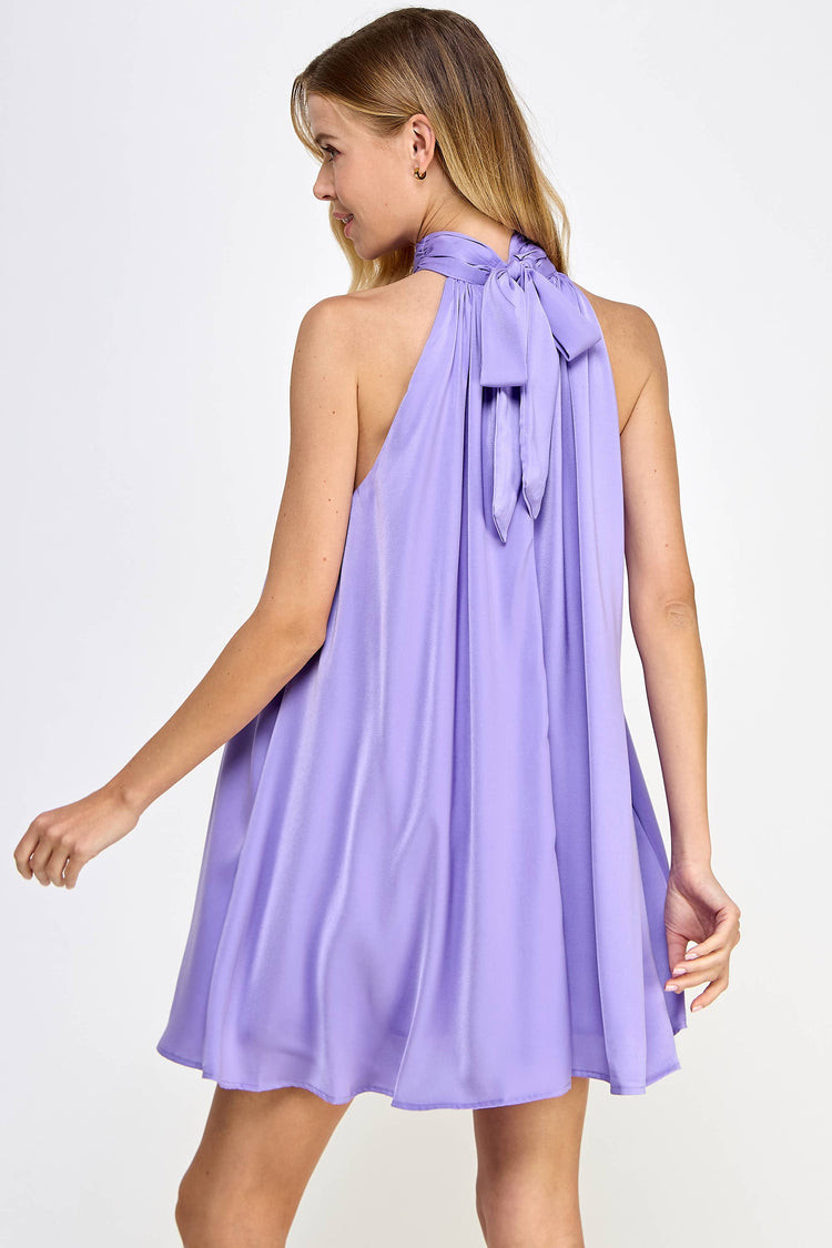 Mock Neck Halter Satin Mini Dress