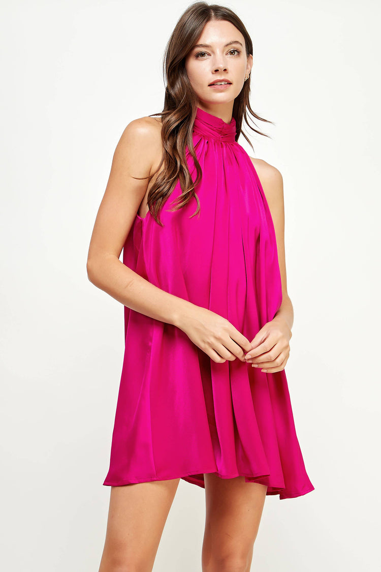 Mock Neck Halter Satin Mini Dress