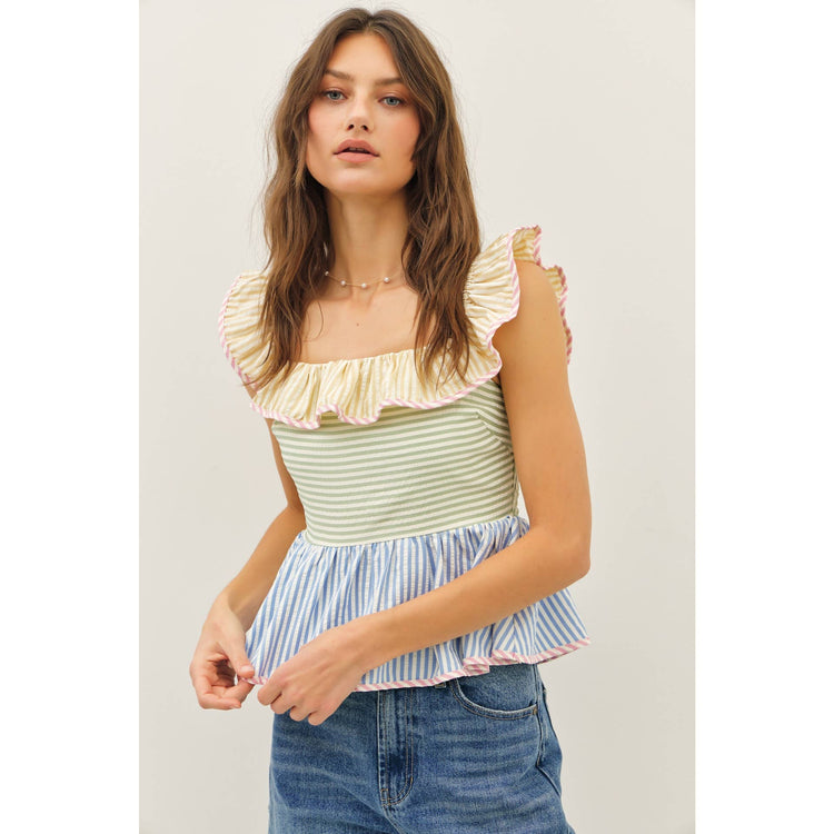 Color Block Stripe Ruffle Top