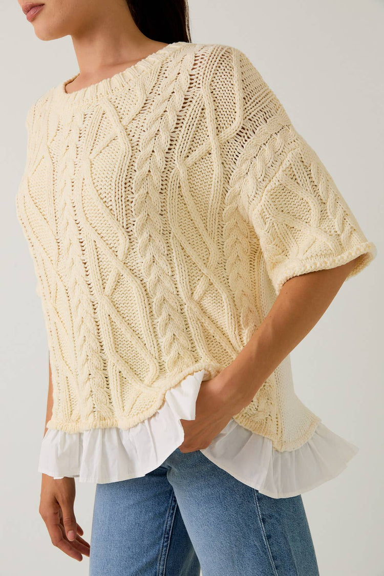 CABLE 3/4" SLEEVE KNIT WITH RUFFLE DETAIL