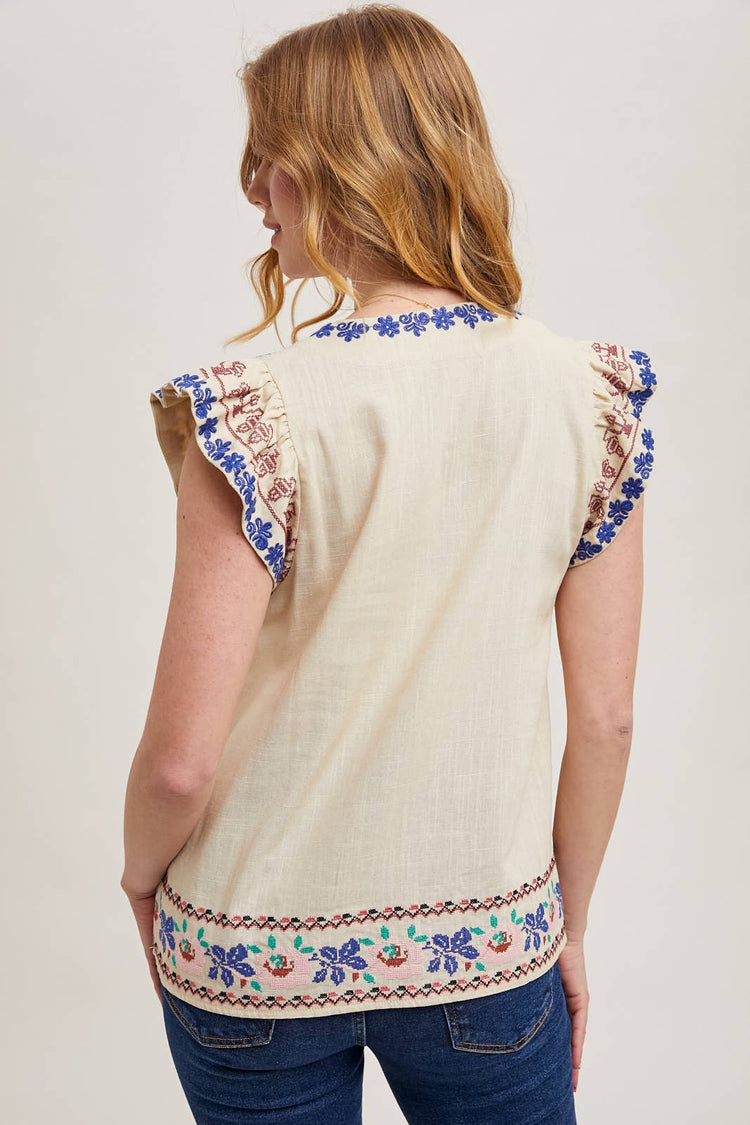 BOHO EMBROIDERED RUFFLED SLEEVE DRAWSTRING TOP