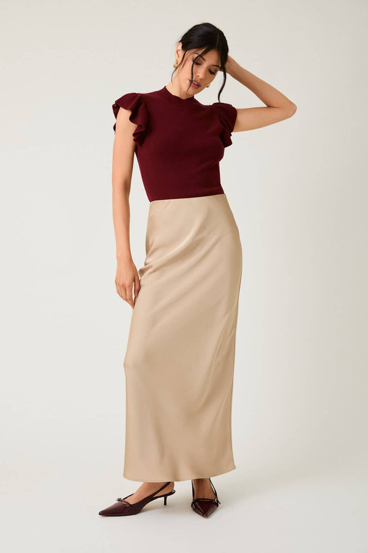 MOCK NECK RUFFLE SLEEVE KNIT TOP