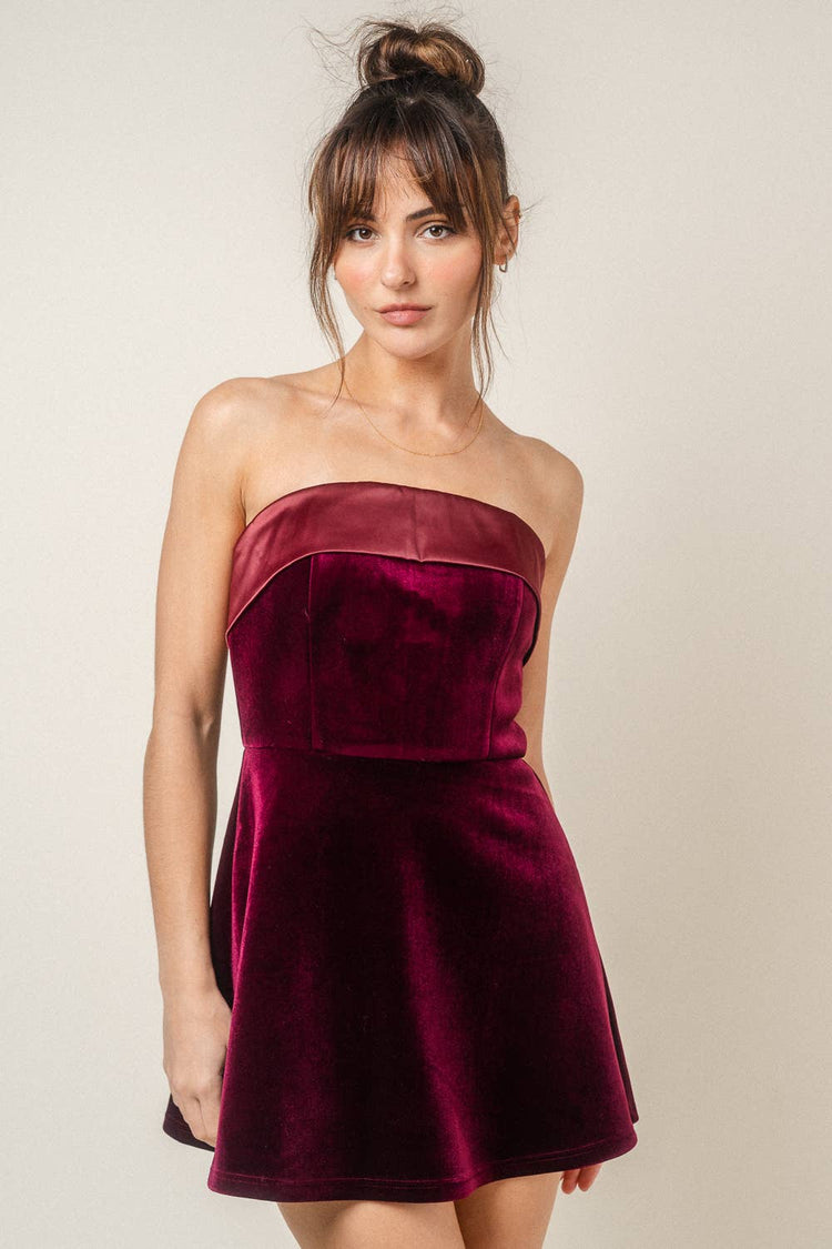 SATIN VELVET OFF THE SHOULDER FIT FLARE MINI DRESS
