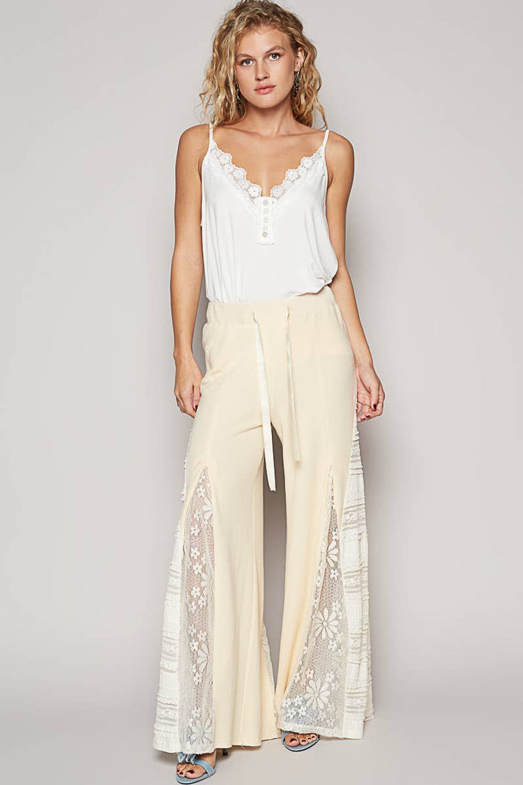 Lace Contrast Elastic Band Satin Strap Solid Wide Pants