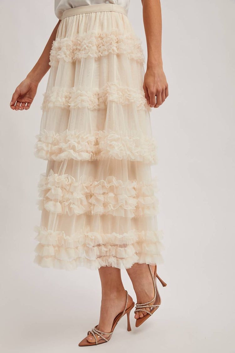 ROMANTIC RUFFLE TIERED TULLE MIDI SKIRT
