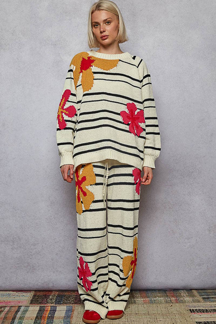 Round neck floral pattern striped chenille sweater top