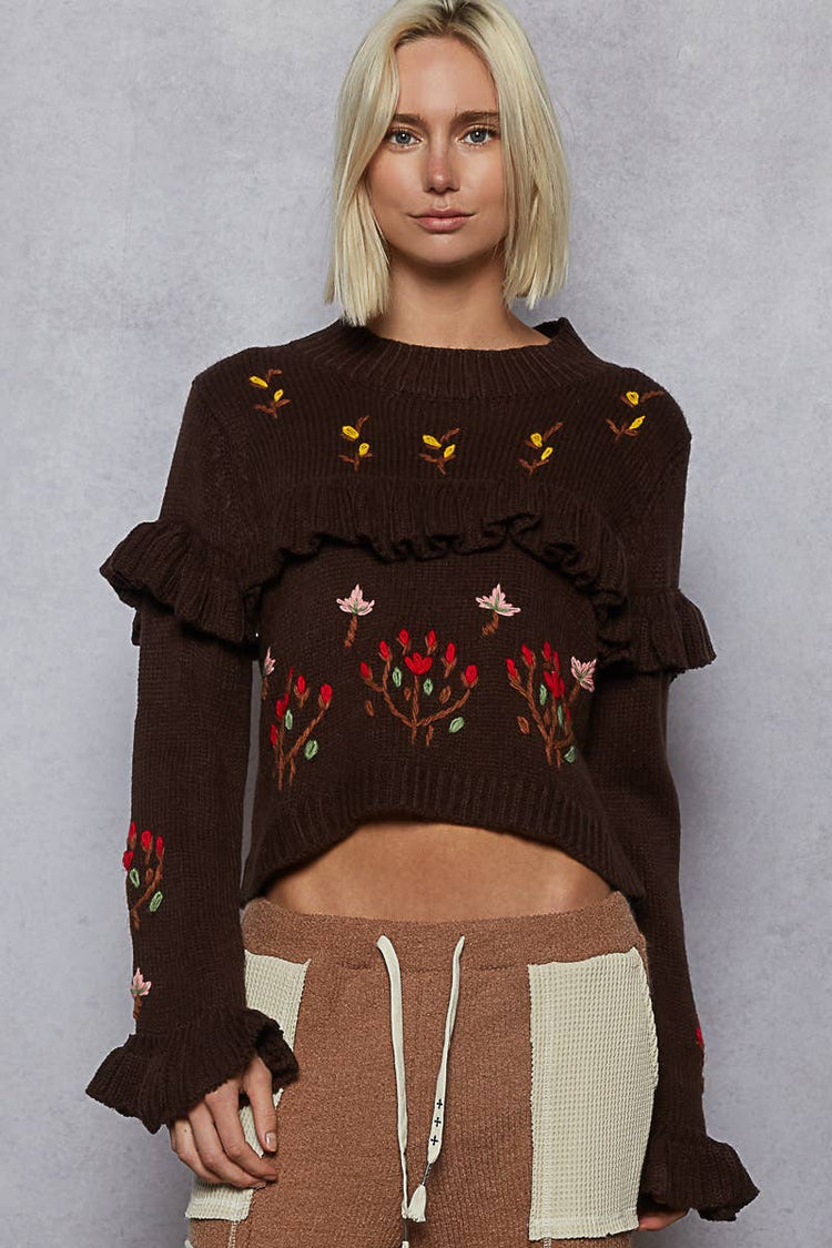 Long sleeve ruffles floral hand stitch detail sweater top