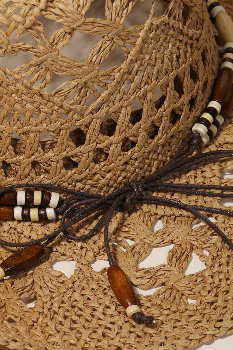 Straw Braided Beaded Strap Cowboy Hat