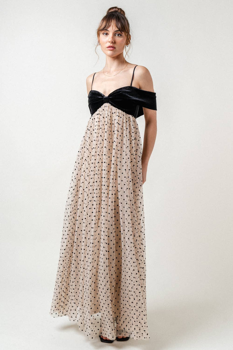 Off the Shoulder Velvet Mesh Polka Dot Maxi Dress