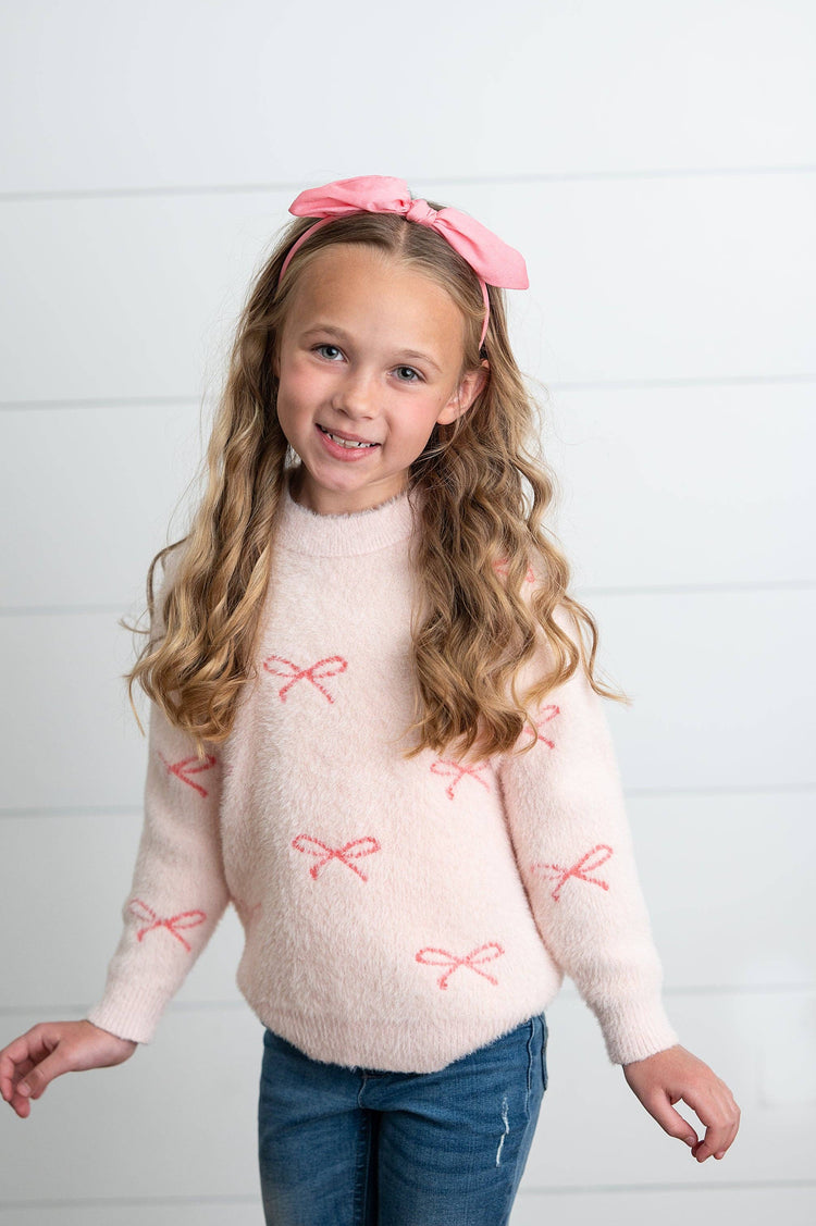 Girls Pink Bow Fuzzy Crew Neck Coquette Fall Winter Sweater