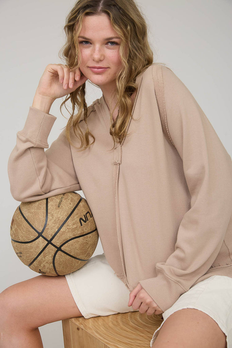 HOODED V NECK RAW EDGE LONG SLEEVE KNIT TOP