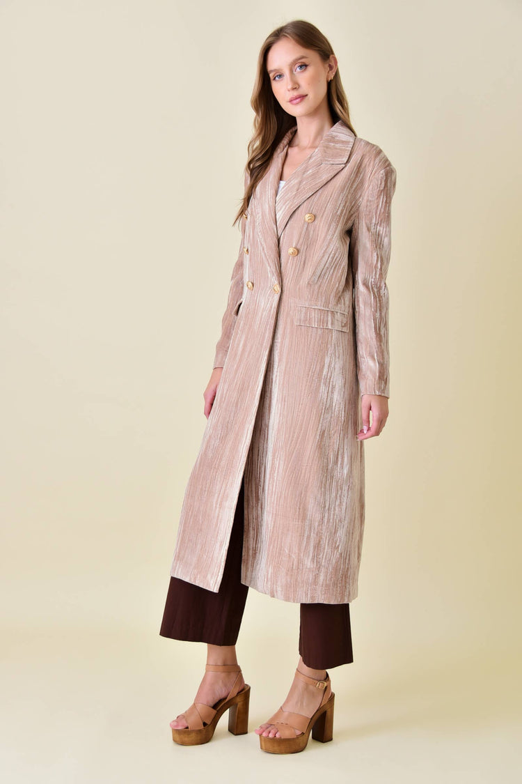CHIC DOUBLE BREASTED WRINKLED VELVET LONG COAT