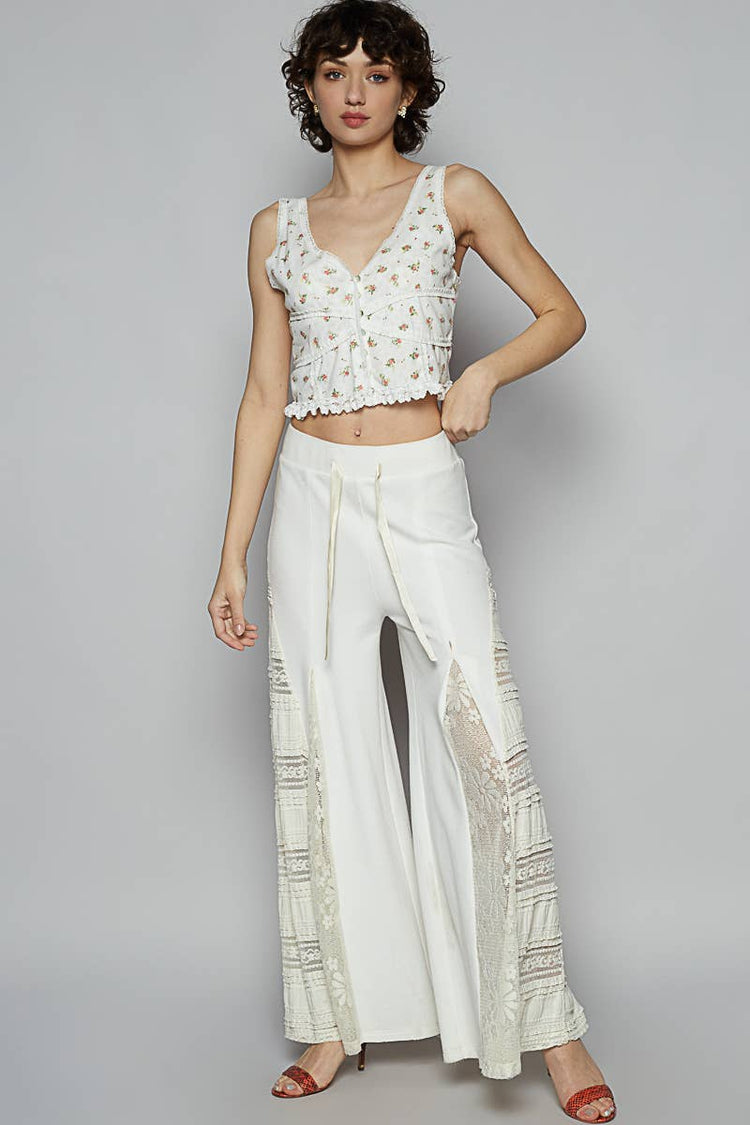 Lace Contrast Elastic Band Satin Strap Solid Wide Pants