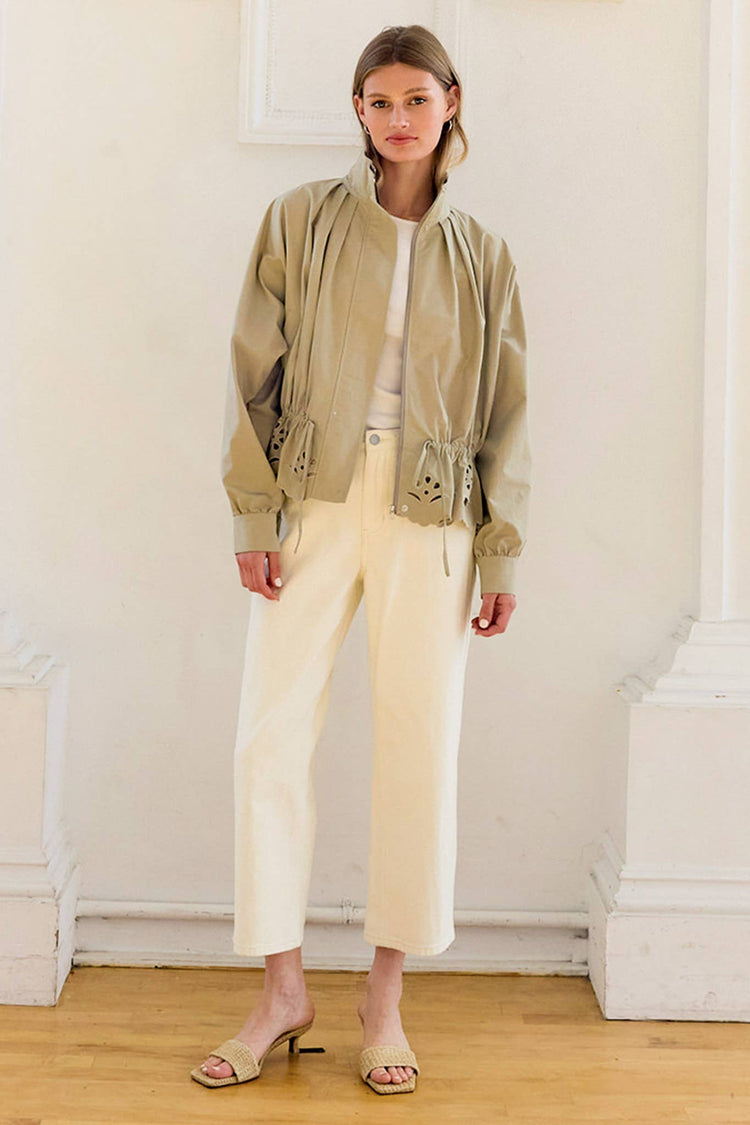 Pleated High-Neck Eyelet Scallop Jacket