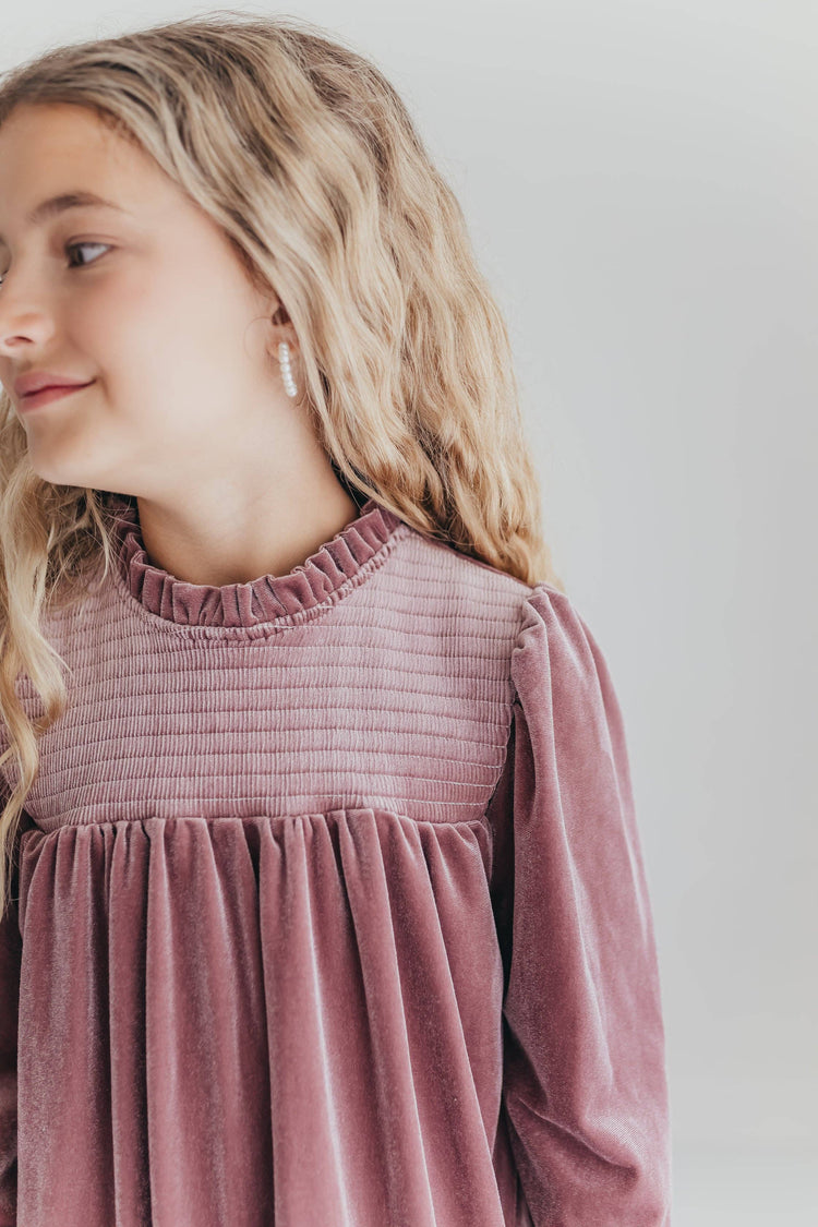 Girls Dusty Rose Smocked Velvet Fancy Holiday Party Dress