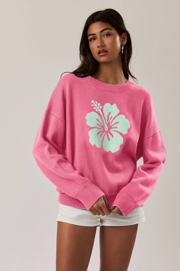 LONG SLEEVE CREW NECK HIBISCUS GRAPHIC SWEATER