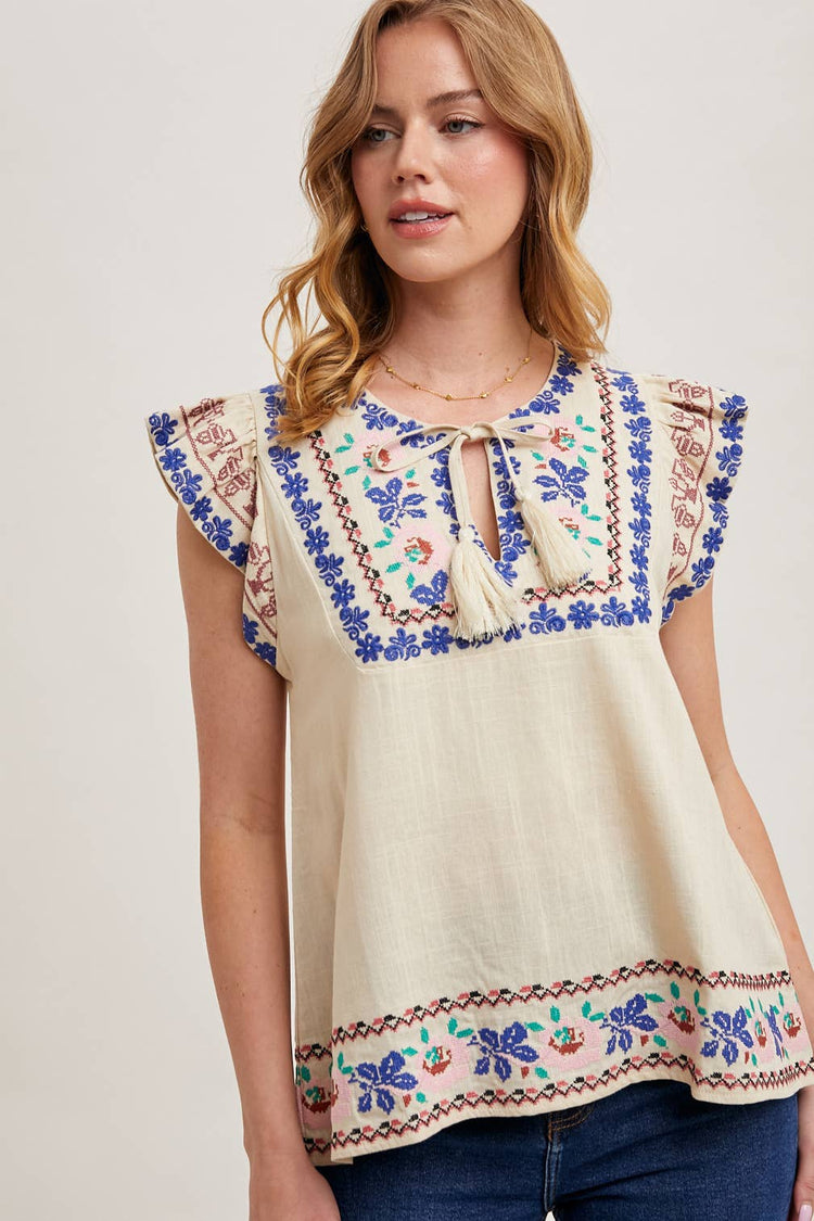 BOHO EMBROIDERED RUFFLED SLEEVE DRAWSTRING TOP