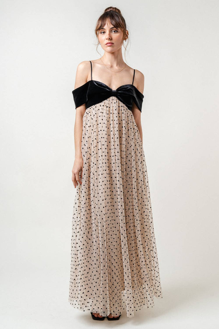 Off the Shoulder Velvet Mesh Polka Dot Maxi Dress
