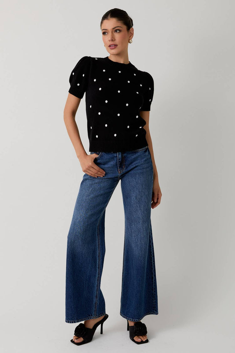 Embroidered Polka Dot Short Puff Sleeve Knit Sweater