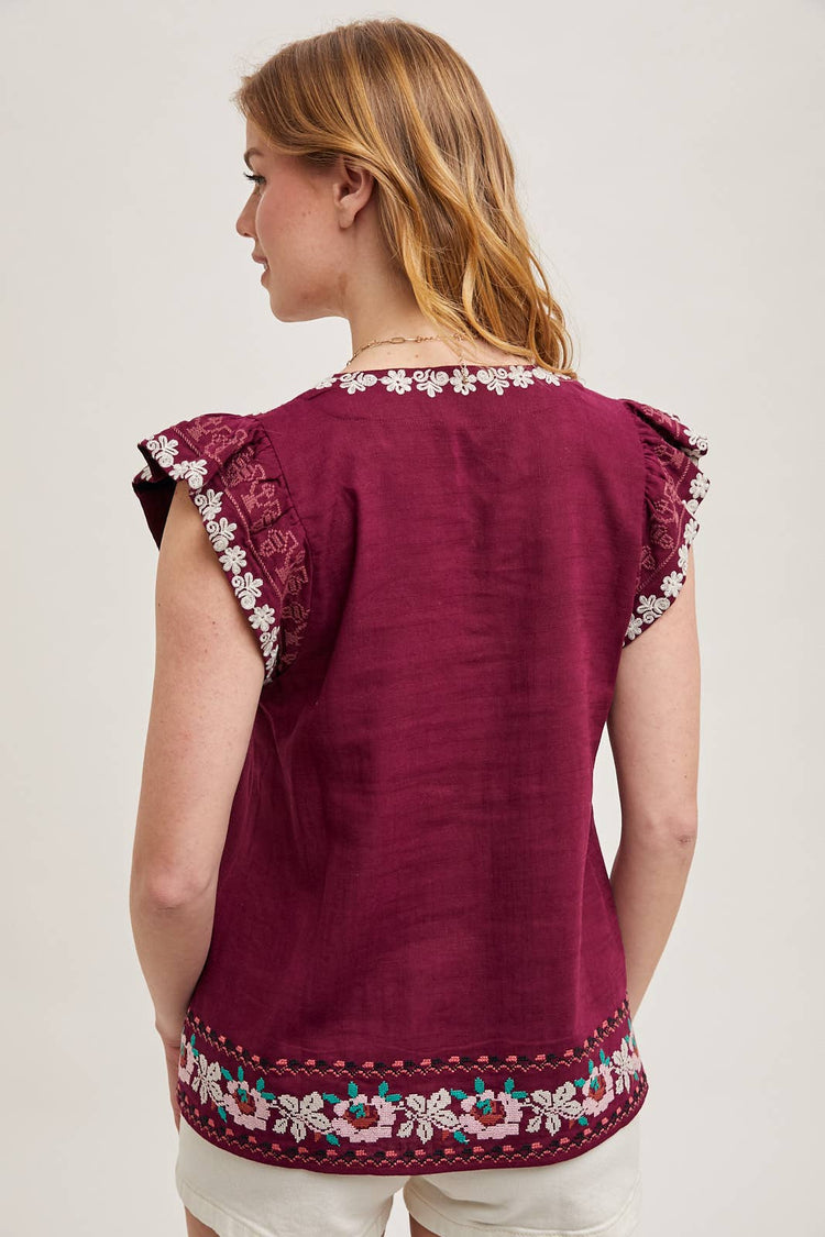 BOHO EMBROIDERED RUFFLED SLEEVE DRAWSTRING TOP