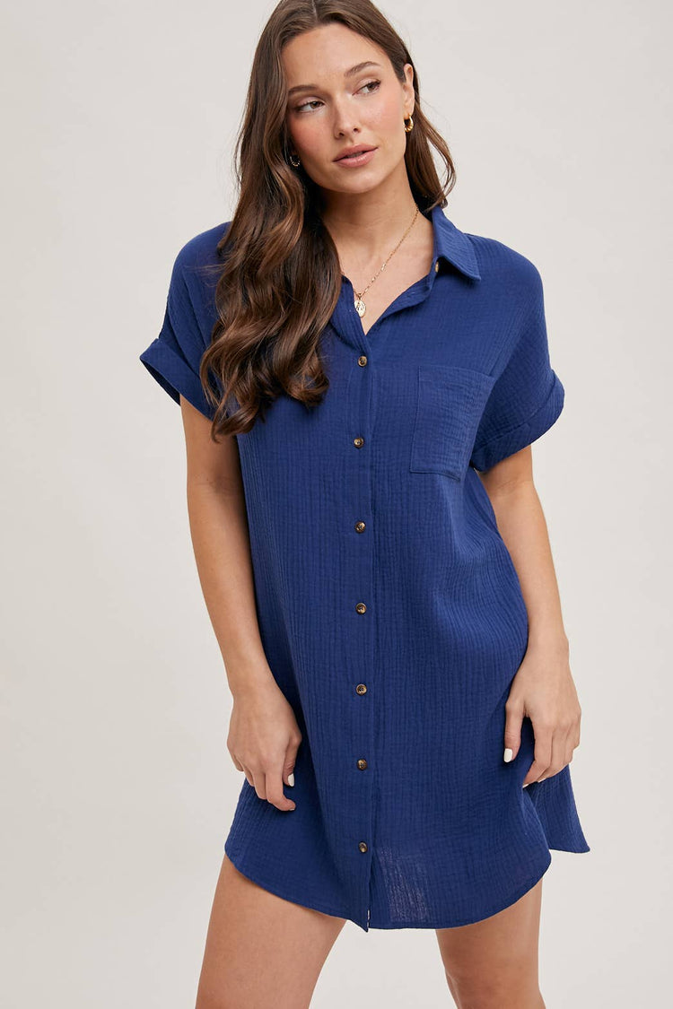 Button Up Shirt Dress With Pockets