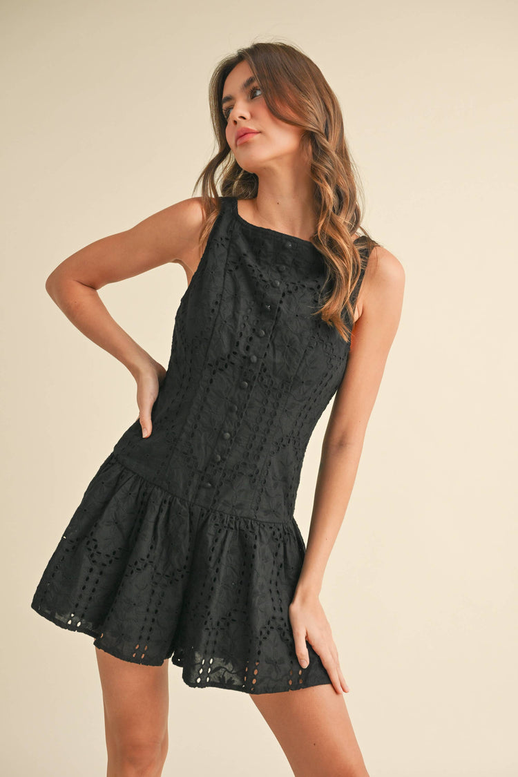 EYELET DROP WAIST BUTTON DETAILED FLARED ROMPER