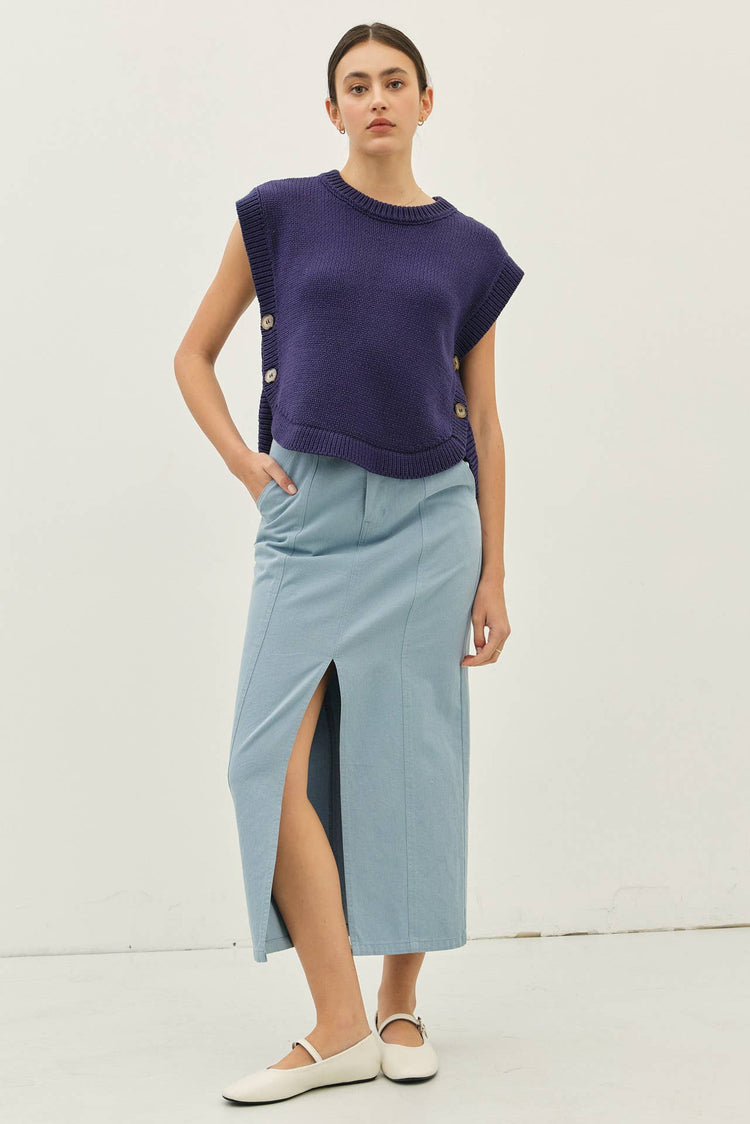ROUND NECK HI-LO SWEATER VEST WITH SIDE BUTTONS