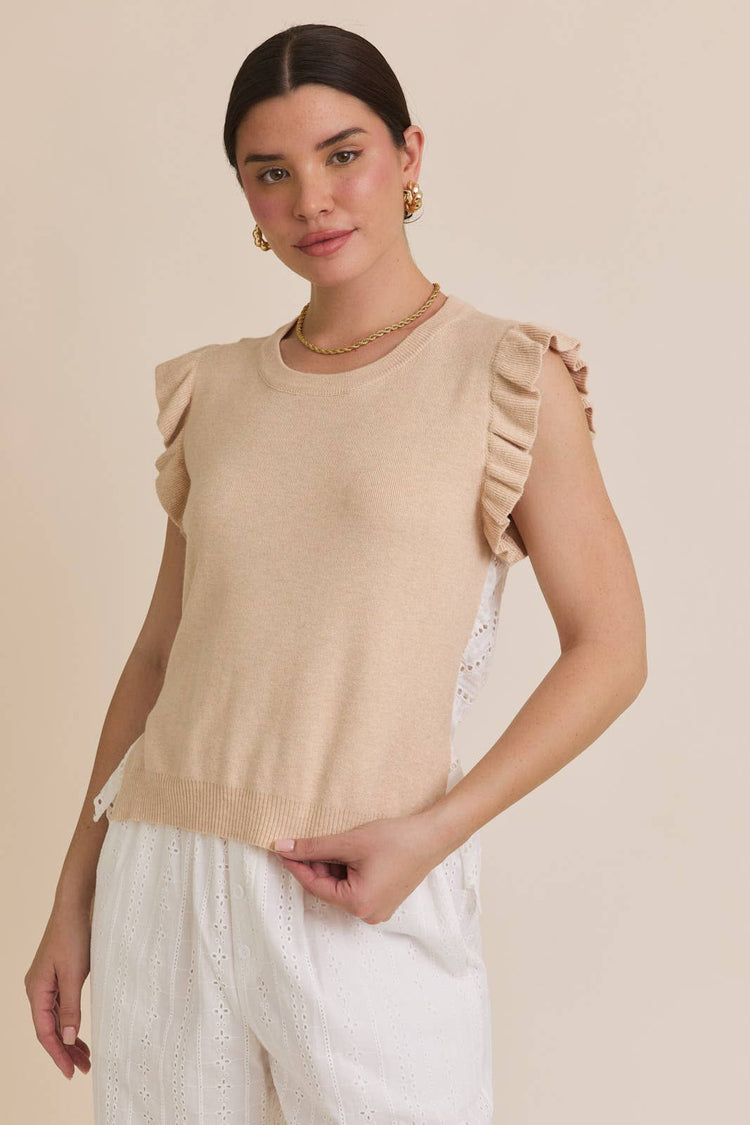 ROUND NECK RUFFLE SLEEVE WOVEN & KNIT MIX TOP