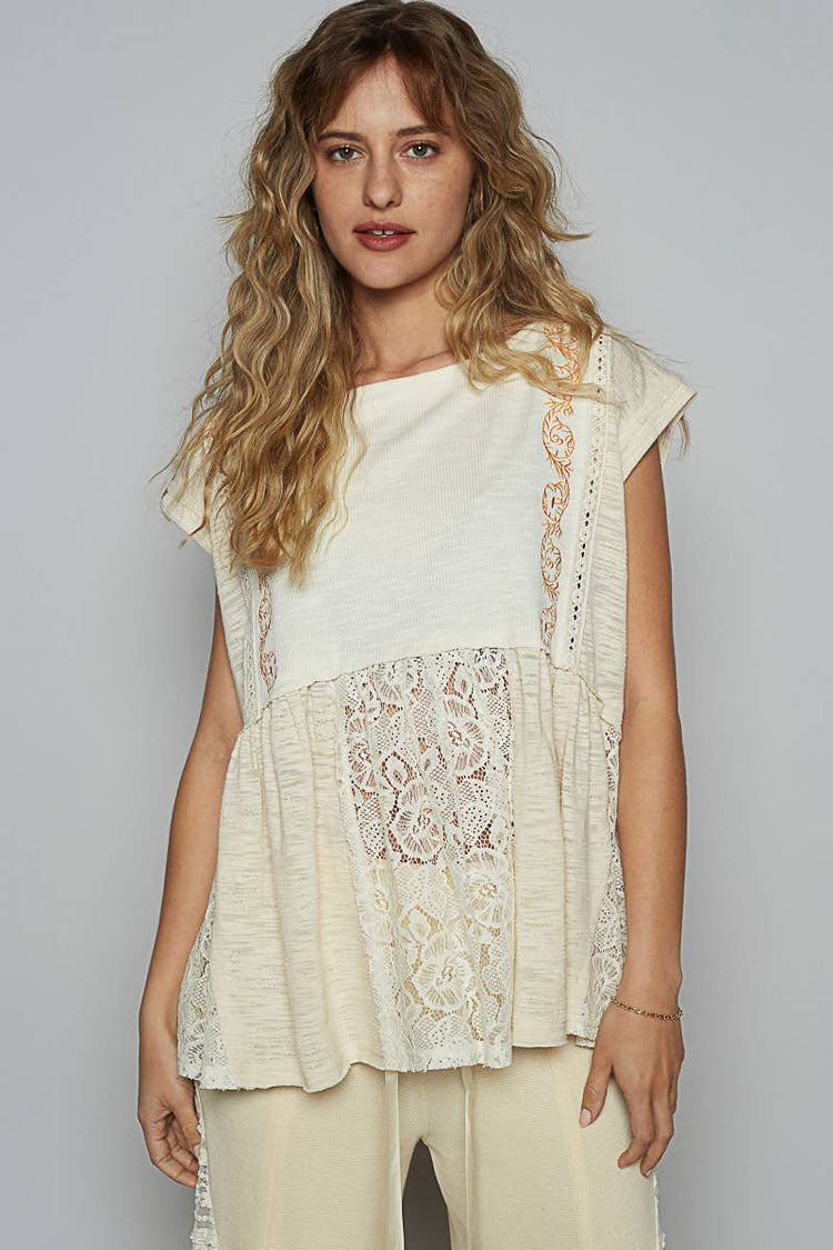 Boat neck solid embroidery textured knit top