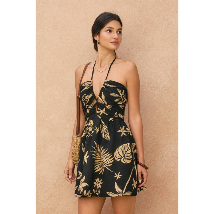 Tropical Leaf Ruched Halter Mini Dress