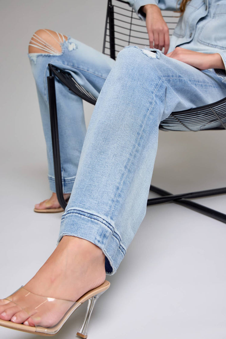 Light Wash Distressed Stretch 33" Inseam Wide leg