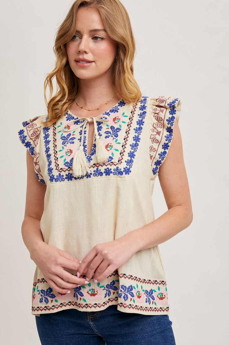 BOHO EMBROIDERED RUFFLED SLEEVE DRAWSTRING TOP