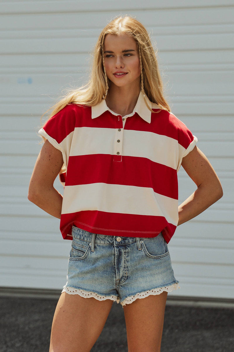 Bold Striped Dolman Sleeve Polo Shirt