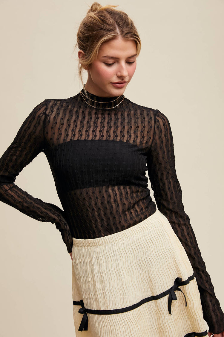 Semi Sheer Textured Lace Long-Sleeve Layering Top