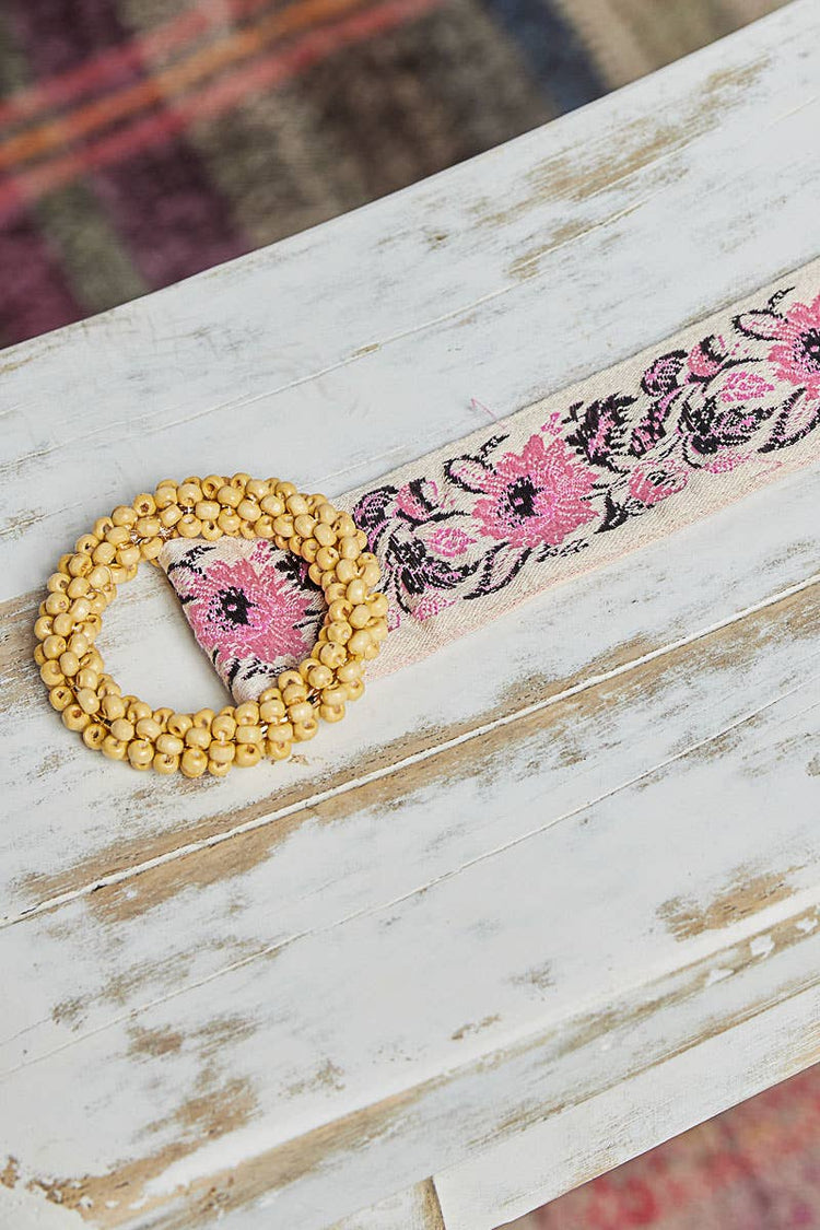 Beaded Round Buckle Floral Belt