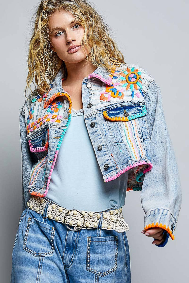 Embroidered Beaded Stripe Panel Cropped Denim Jacket