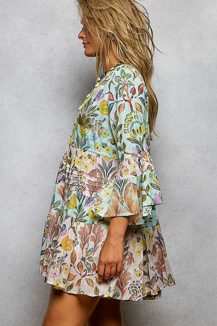 3/4 Sleeveless V-neck Seashell Shape Printed Woven Dress