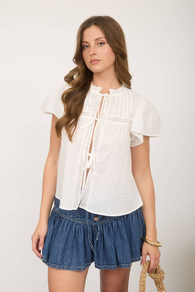 PINTUCK LACE YOKE RUFFLE DETAIL FRONT TIE BLOUSE