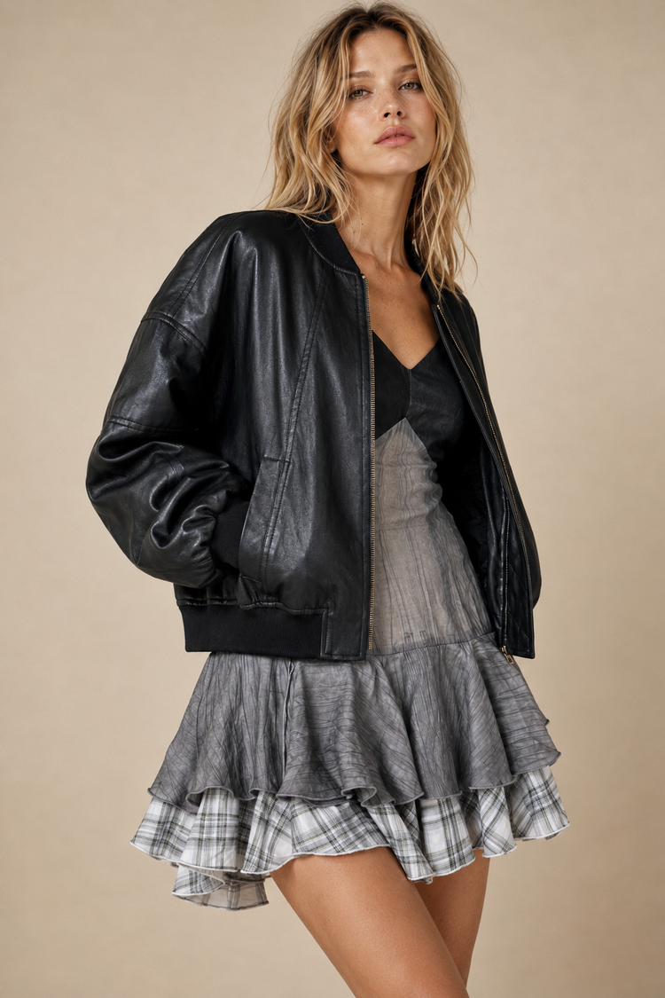 Cropped Faux-Leather Bomber Jacket