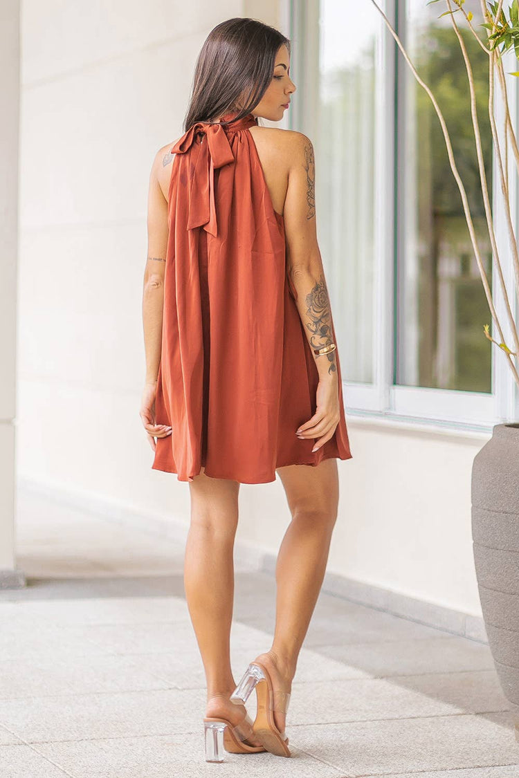 Mock Neck Halter Satin Mini Dress