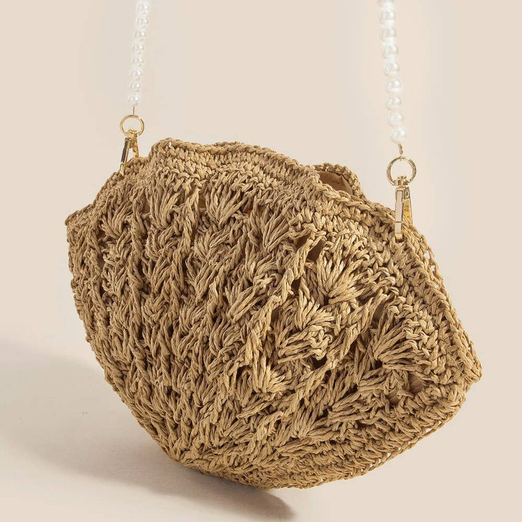 Straw Braided Pearl Beaded Strap Seashell Bag