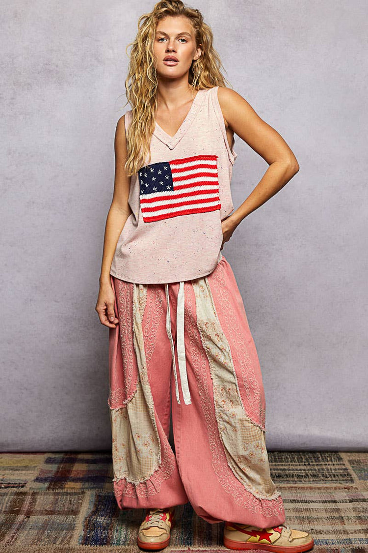 Handmade American Flag Patch Rib V-Neck Sleeveless Top