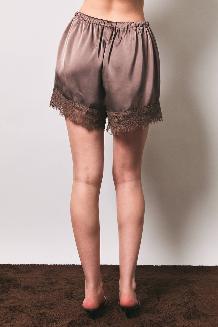 ELASTIC WAIST MID RISE LACE TRIM SHORTS